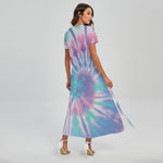 Teal And Pink Tie Dye Print Short Sleeve Maxi Dress