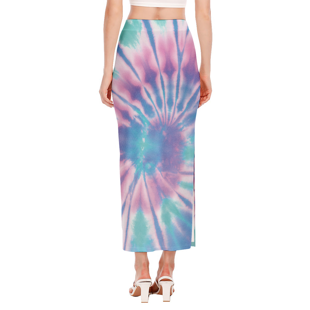 Teal And Pink Tie Dye Print Side Slit Maxi Skirt