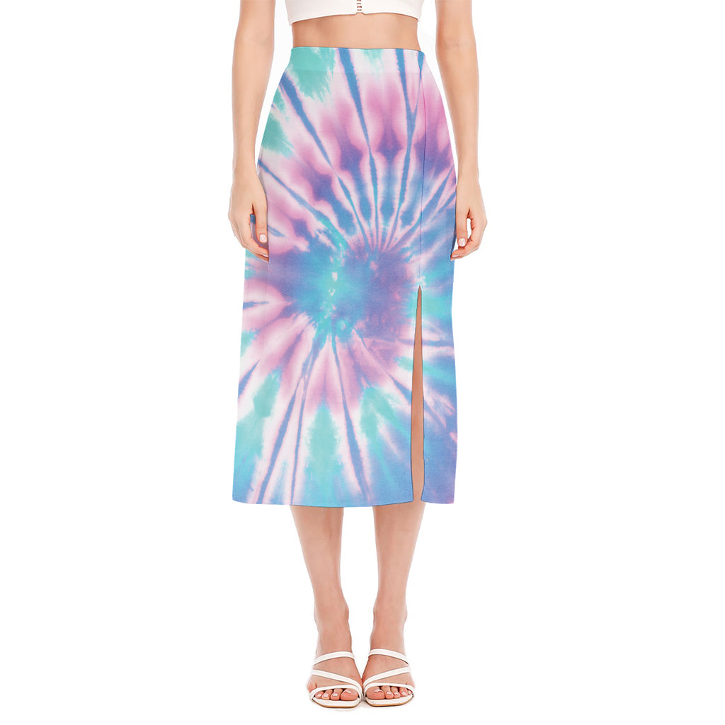 Teal And Pink Tie Dye Print Side Slit Midi Skirt