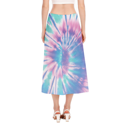 Teal And Pink Tie Dye Print Side Slit Midi Skirt