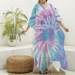 Teal And Pink Tie Dye Print Silk V-Neck Kaftan Dress