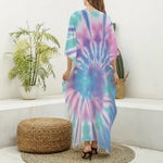 Teal And Pink Tie Dye Print Silk V-Neck Kaftan Dress