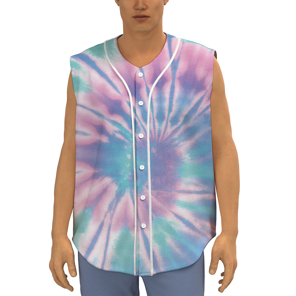 Teal And Pink Tie Dye Print Sleeveless Baseball Jersey
