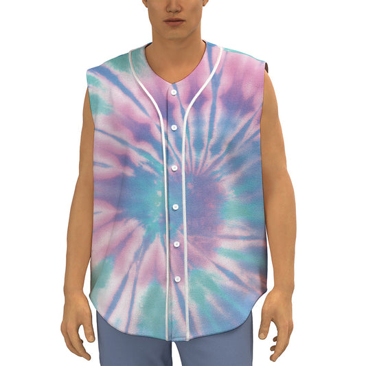 Teal And Pink Tie Dye Print Sleeveless Baseball Jersey