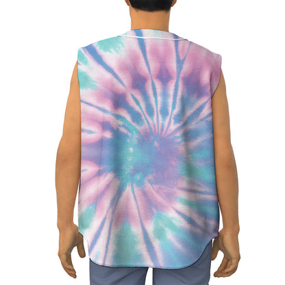 Teal And Pink Tie Dye Print Sleeveless Baseball Jersey