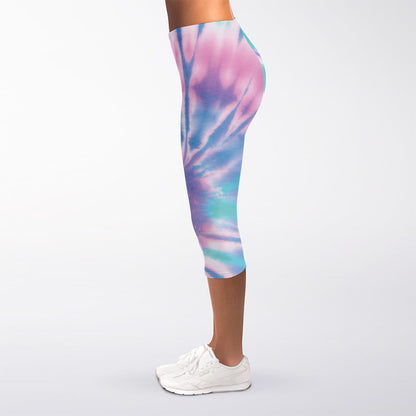 Teal And Pink Tie Dye Print Women's Capri Leggings