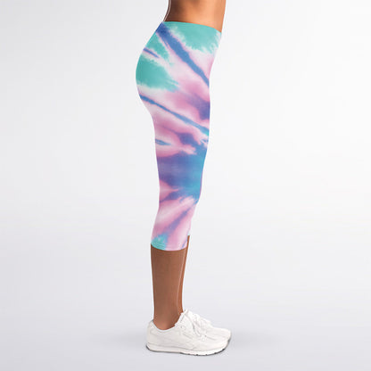 Teal And Pink Tie Dye Print Women's Capri Leggings