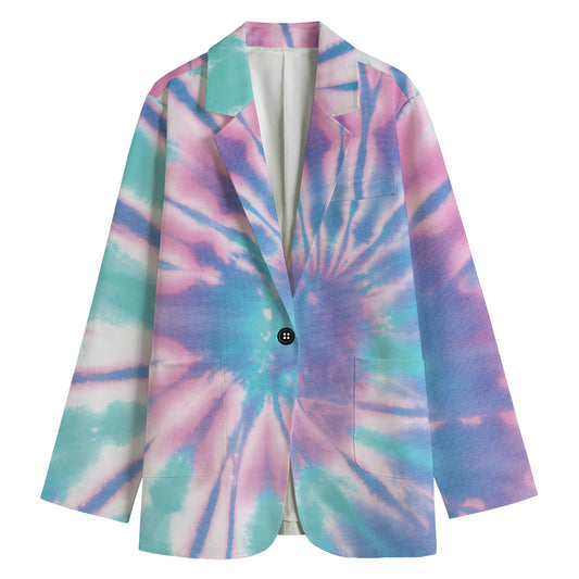 Teal And Pink Tie Dye Print Women's Cotton Blazer
