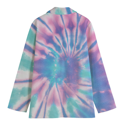 Teal And Pink Tie Dye Print Women's Cotton Blazer