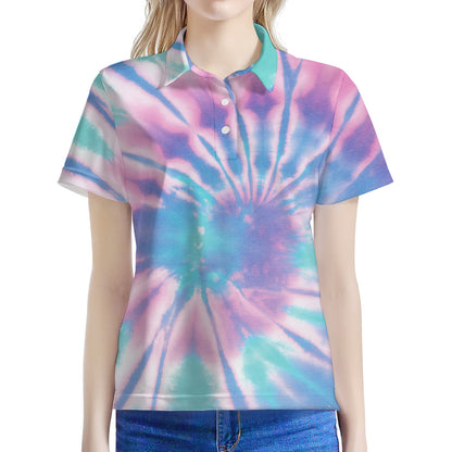 Teal And Pink Tie Dye Print Women's Polo Shirt