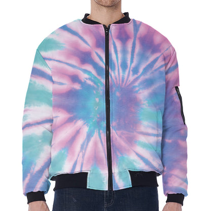 Teal And Pink Tie Dye Print Zip Sleeve Bomber Jacket