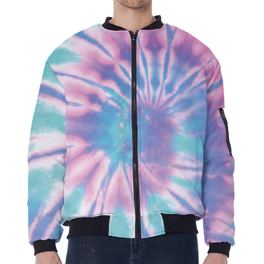 Teal And Pink Tie Dye Print Zip Sleeve Bomber Jacket