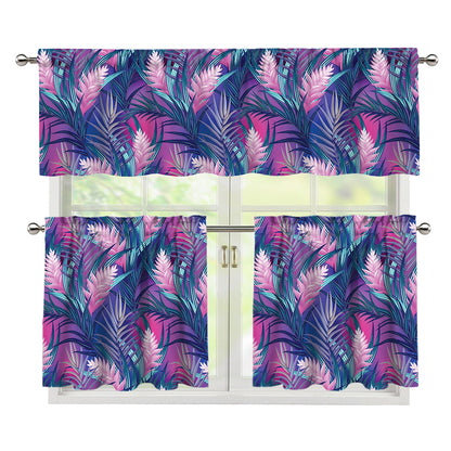 Teal And Pink Tropical Floral Print 3 Piece Kitchen Curtains