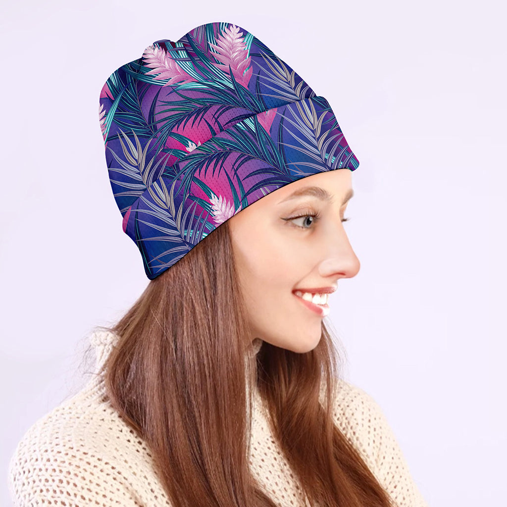 Teal And Pink Tropical Floral Print Beanie