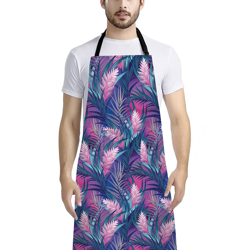 Teal And Pink Tropical Floral Print Bib Apron With Pocket