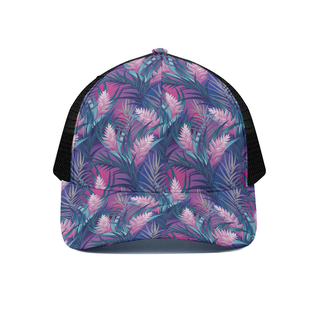 Teal And Pink Tropical Floral Print Black Mesh Trucker Cap