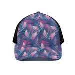 Teal And Pink Tropical Floral Print Black Mesh Trucker Cap