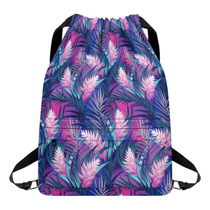 Teal And Pink Tropical Floral Print Drawstring Backpack