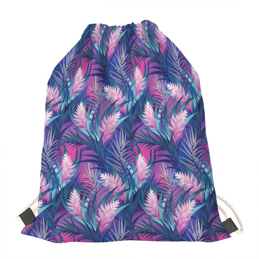 Teal And Pink Tropical Floral Print Drawstring Bag