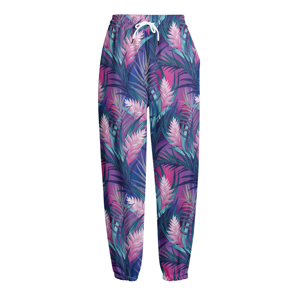 Teal And Pink Tropical Floral Print Fleece Lined Knit Pants