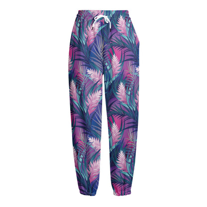 Teal And Pink Tropical Floral Print Fleece Lined Knit Pants