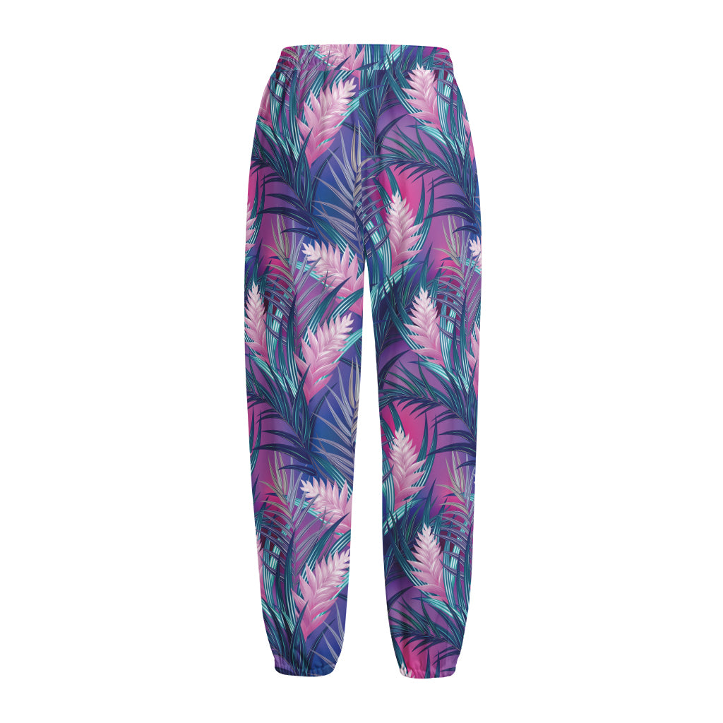 Teal And Pink Tropical Floral Print Fleece Lined Knit Pants