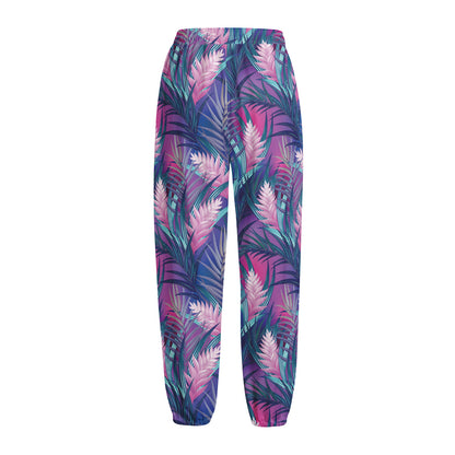 Teal And Pink Tropical Floral Print Fleece Lined Knit Pants