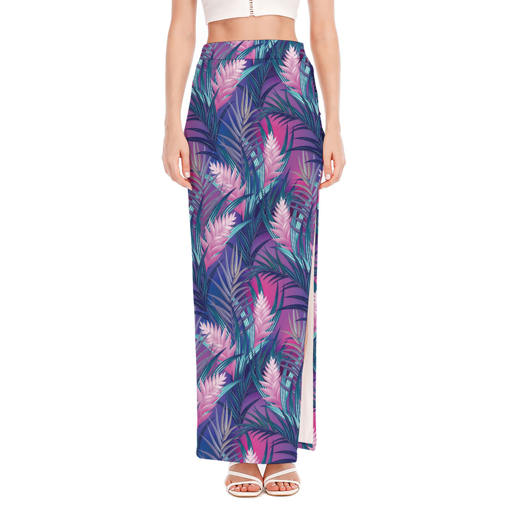 Teal And Pink Tropical Floral Print High Slit Maxi Skirt