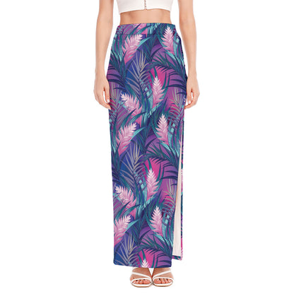 Teal And Pink Tropical Floral Print High Slit Maxi Skirt