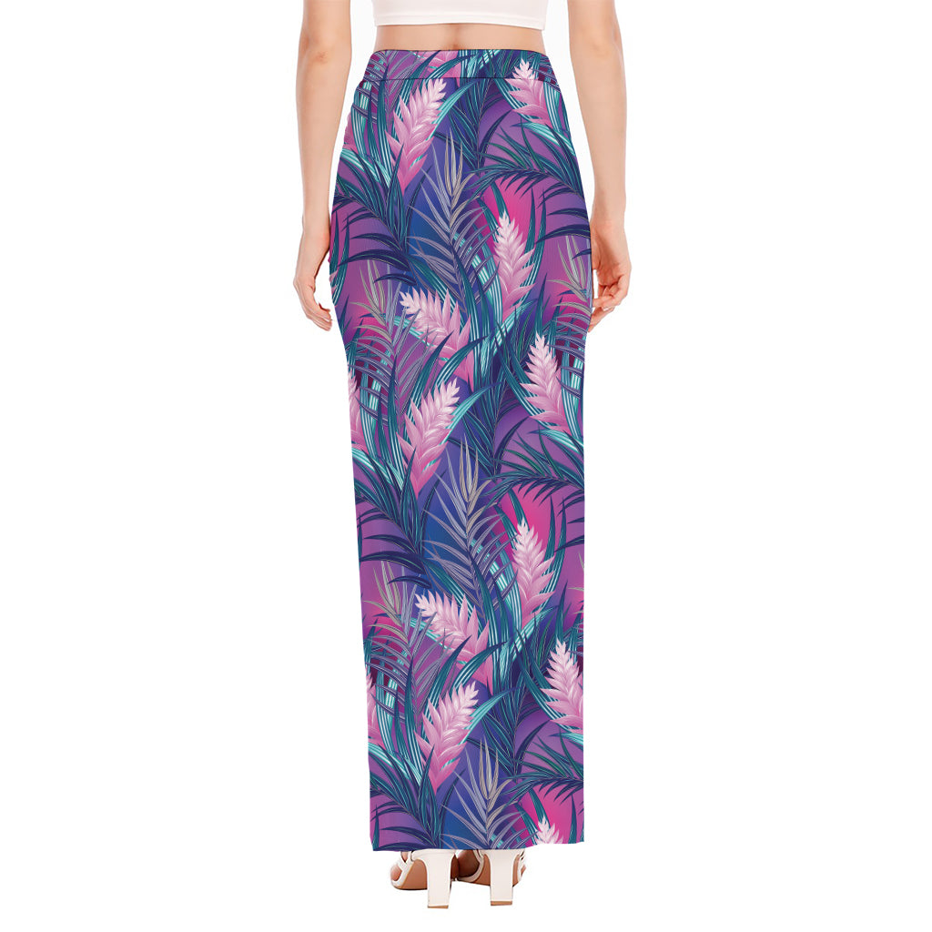 Teal And Pink Tropical Floral Print High Slit Maxi Skirt