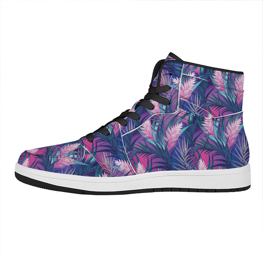 Teal And Pink Tropical Floral Print High Top Leather Sneakers