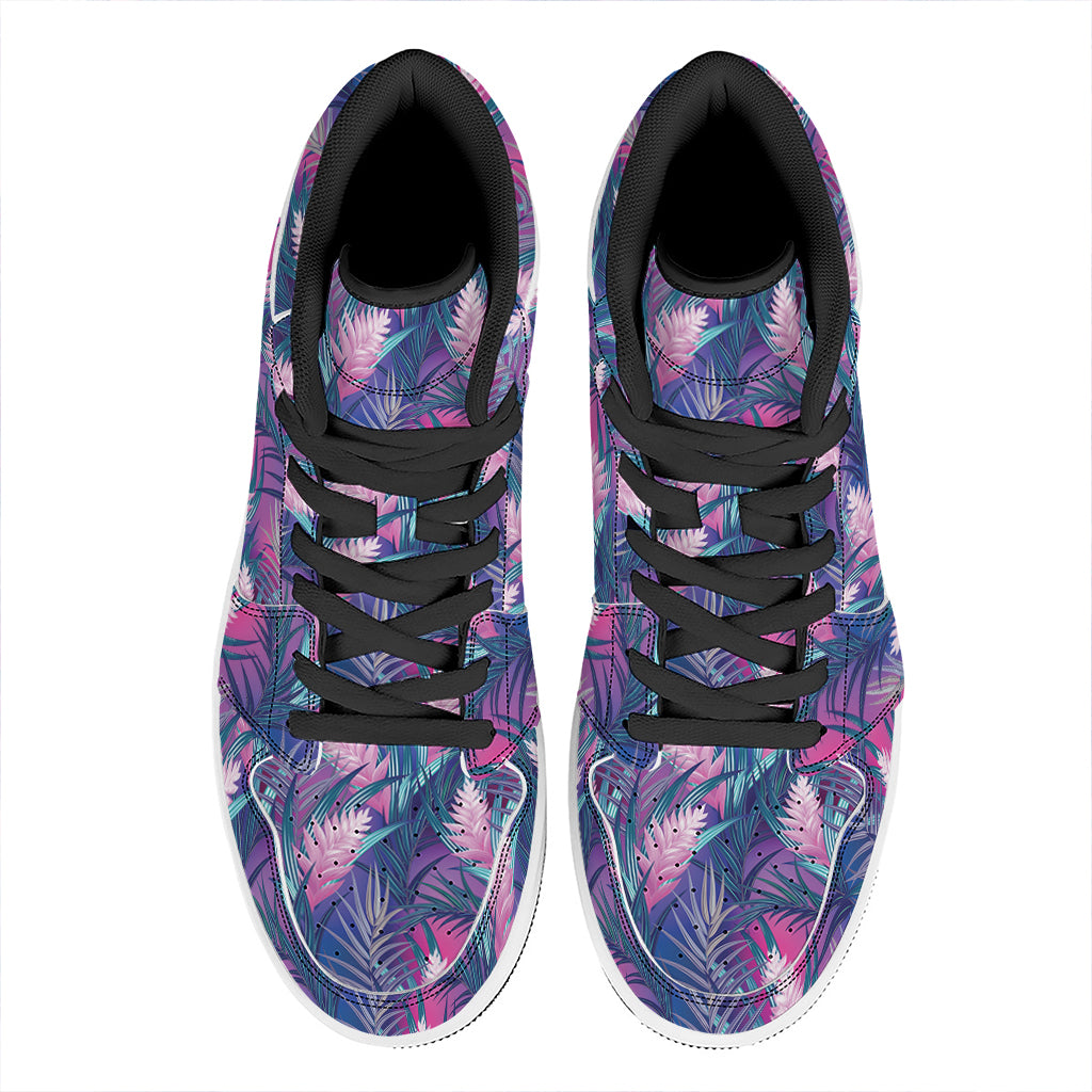 Teal And Pink Tropical Floral Print High Top Leather Sneakers
