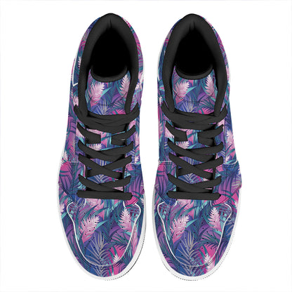 Teal And Pink Tropical Floral Print High Top Leather Sneakers