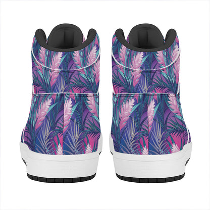 Teal And Pink Tropical Floral Print High Top Leather Sneakers