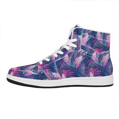 Teal And Pink Tropical Floral Print High Top Leather Sneakers