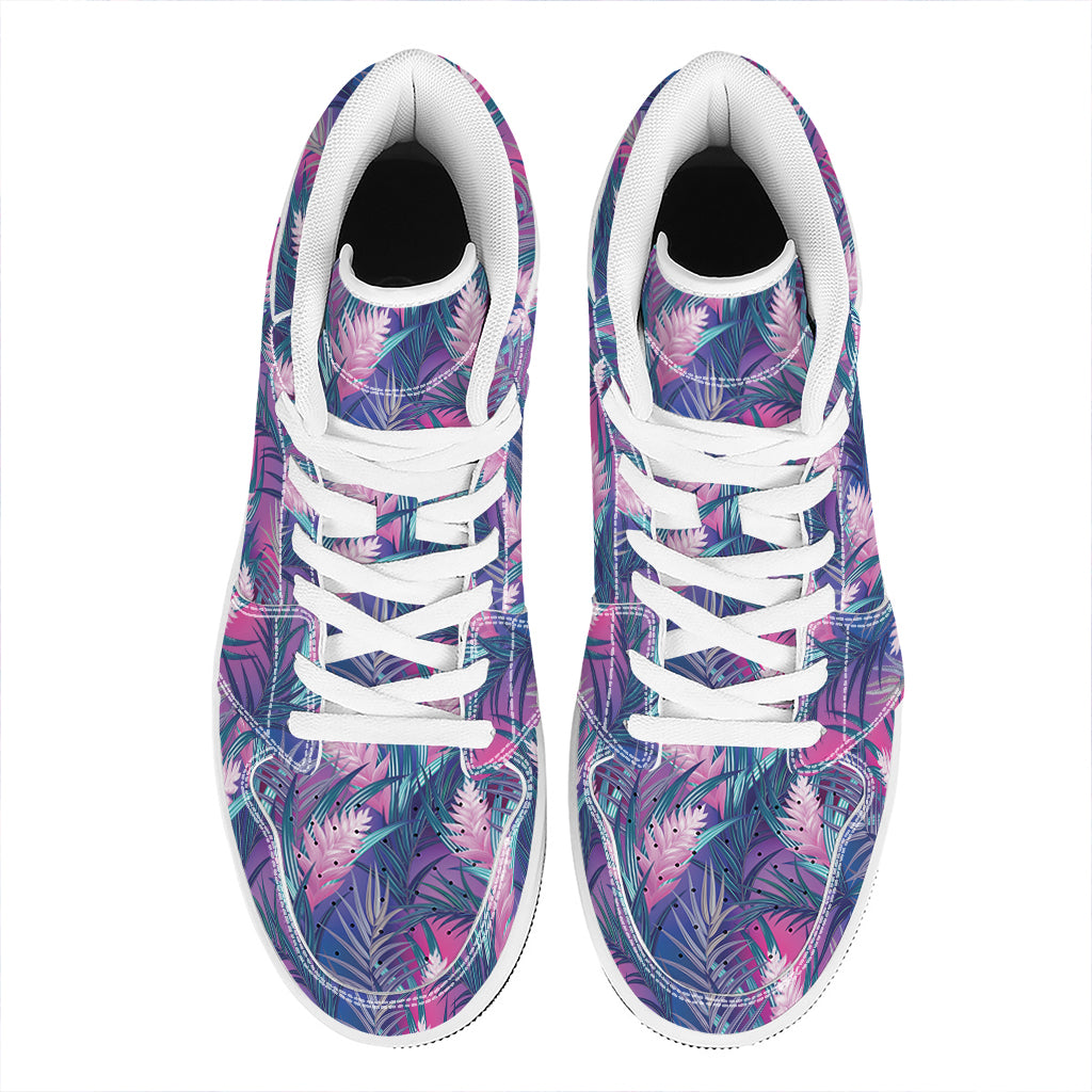 Teal And Pink Tropical Floral Print High Top Leather Sneakers