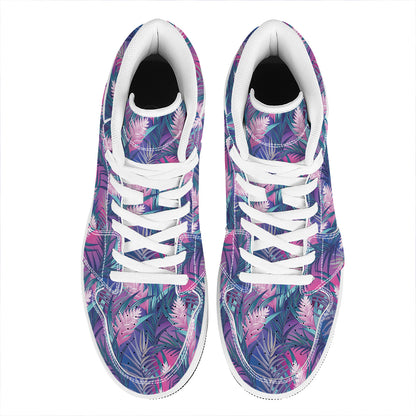 Teal And Pink Tropical Floral Print High Top Leather Sneakers
