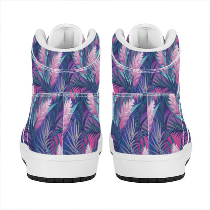Teal And Pink Tropical Floral Print High Top Leather Sneakers