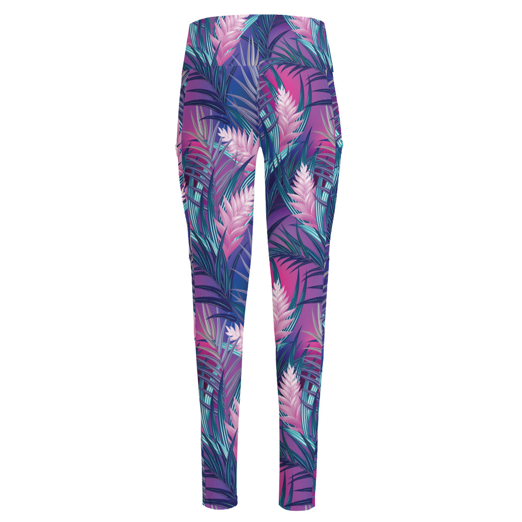 Teal And Pink Tropical Floral Print High-Waisted Pocket Leggings