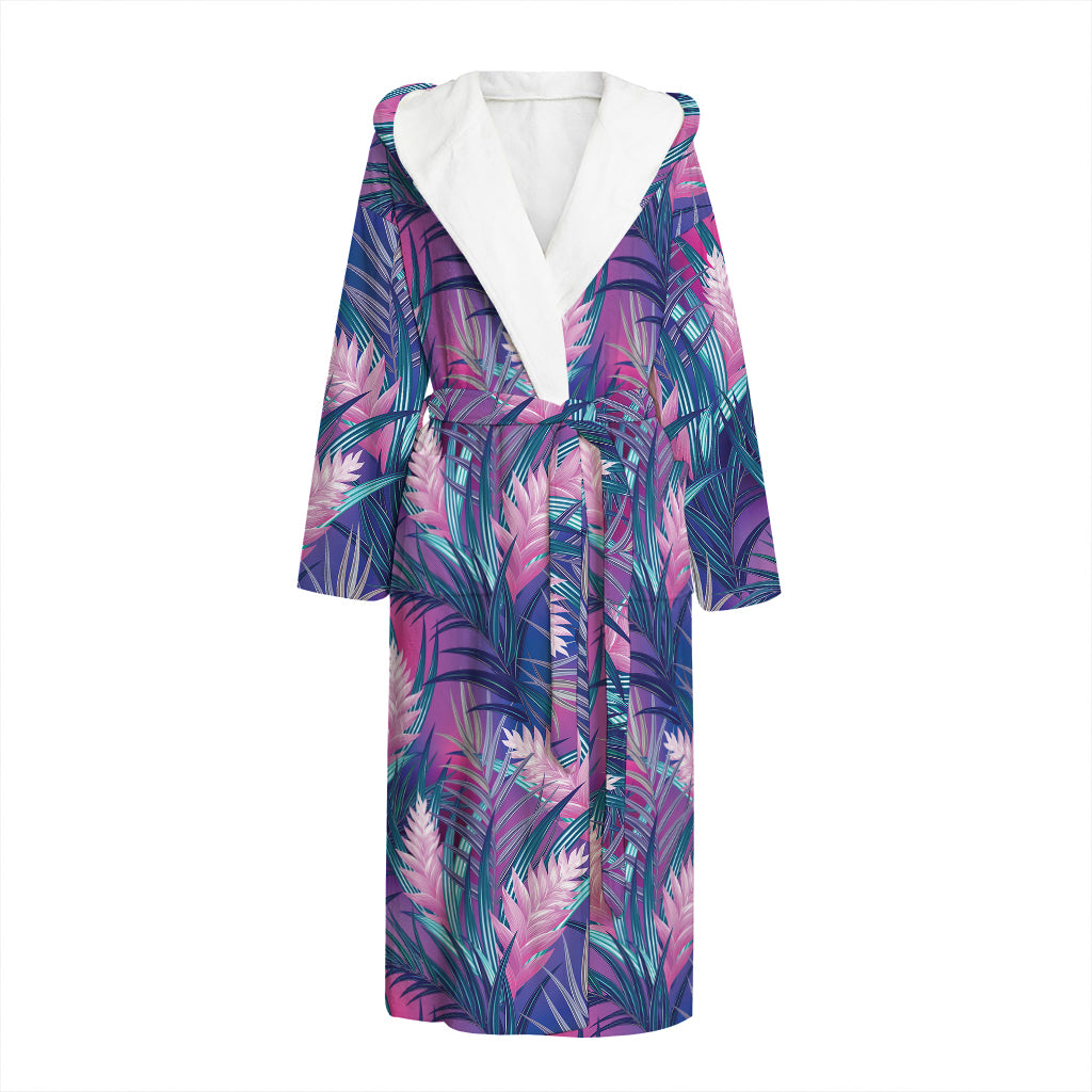 Teal And Pink Tropical Floral Print Hooded Bathrobe