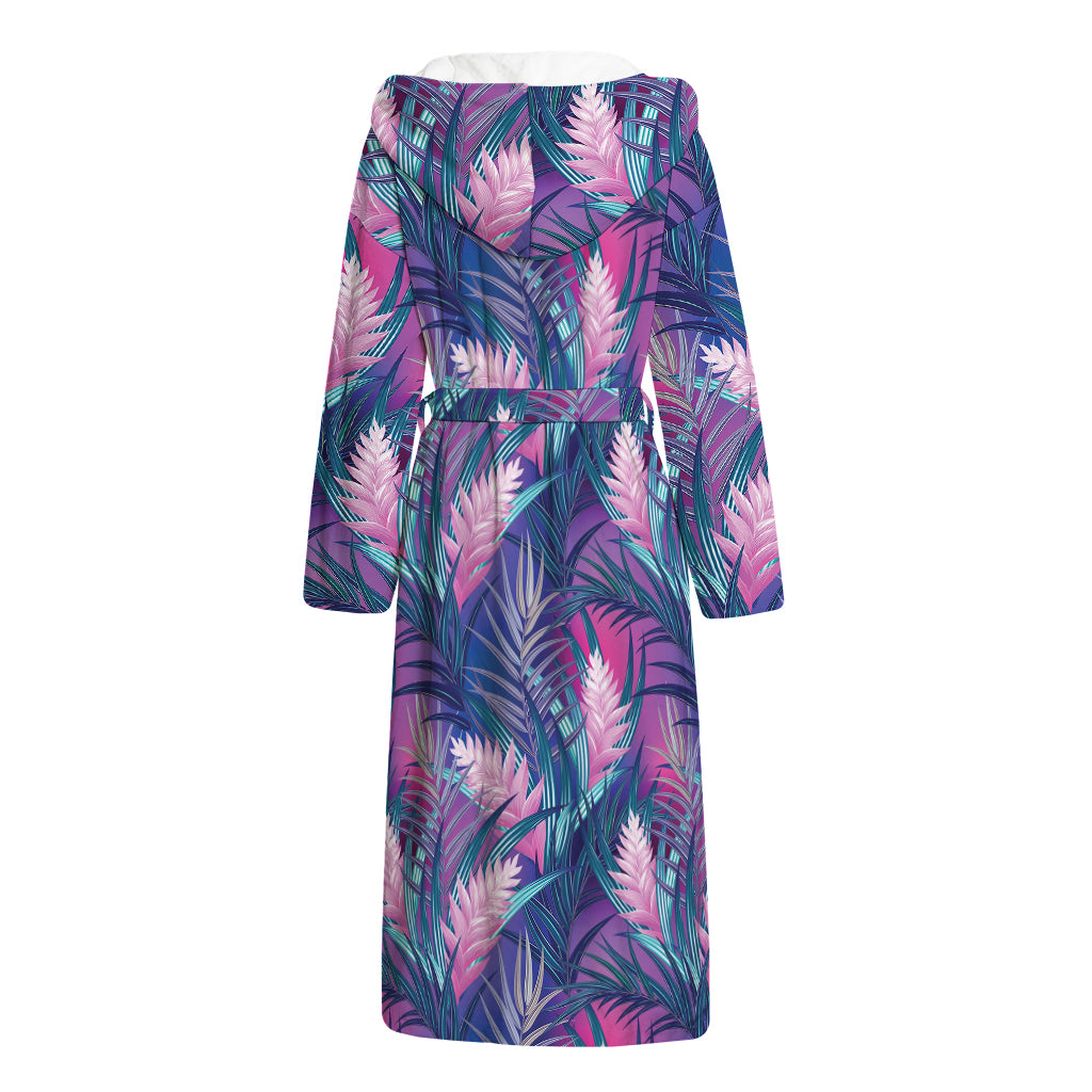 Teal And Pink Tropical Floral Print Hooded Bathrobe