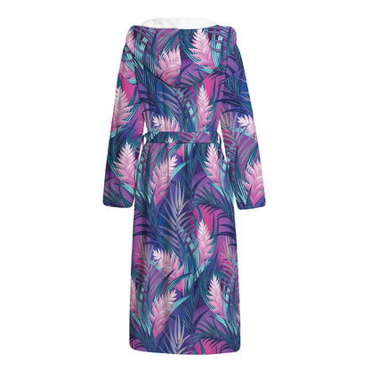 Teal And Pink Tropical Floral Print Hooded Bathrobe