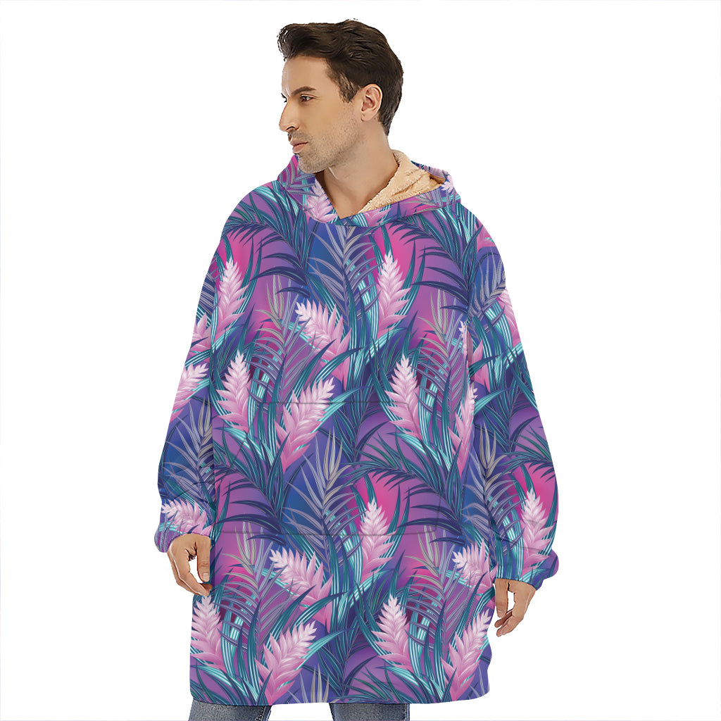 Teal And Pink Tropical Floral Print Hoodie Blanket