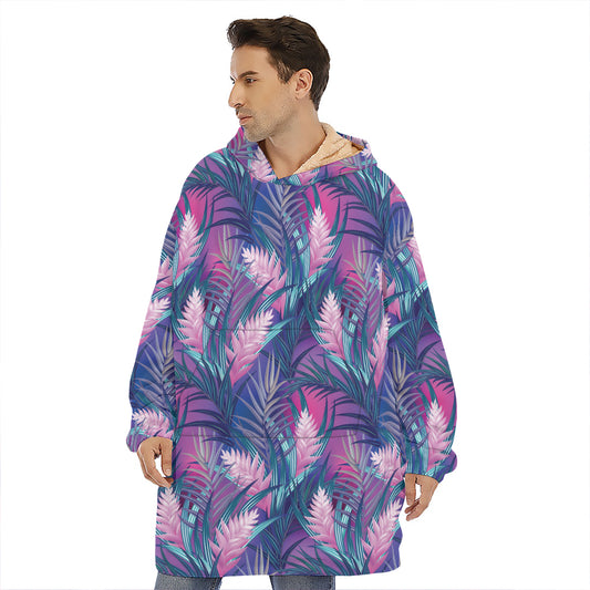 Teal And Pink Tropical Floral Print Hoodie Blanket
