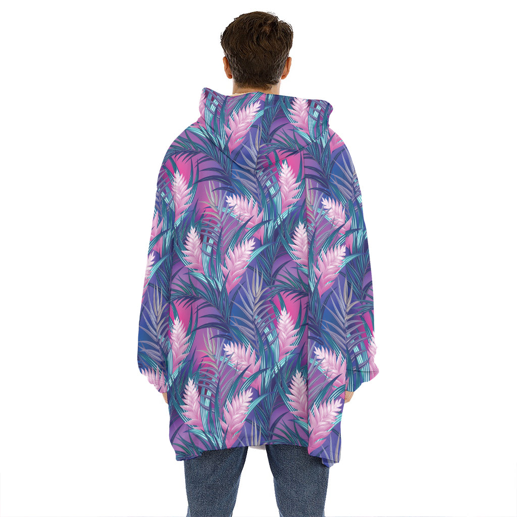 Teal And Pink Tropical Floral Print Hoodie Blanket