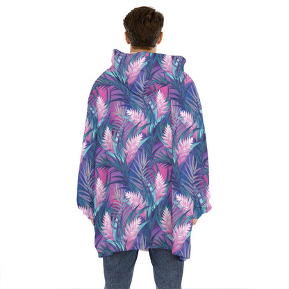 Teal And Pink Tropical Floral Print Hoodie Blanket