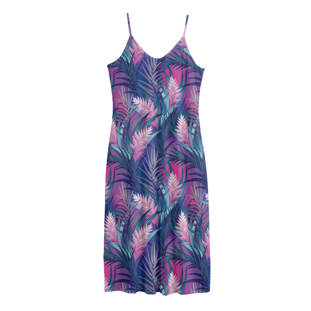 Teal And Pink Tropical Floral Print Jersey Midi Cami Dress