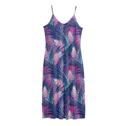 Teal And Pink Tropical Floral Print Jersey Midi Cami Dress