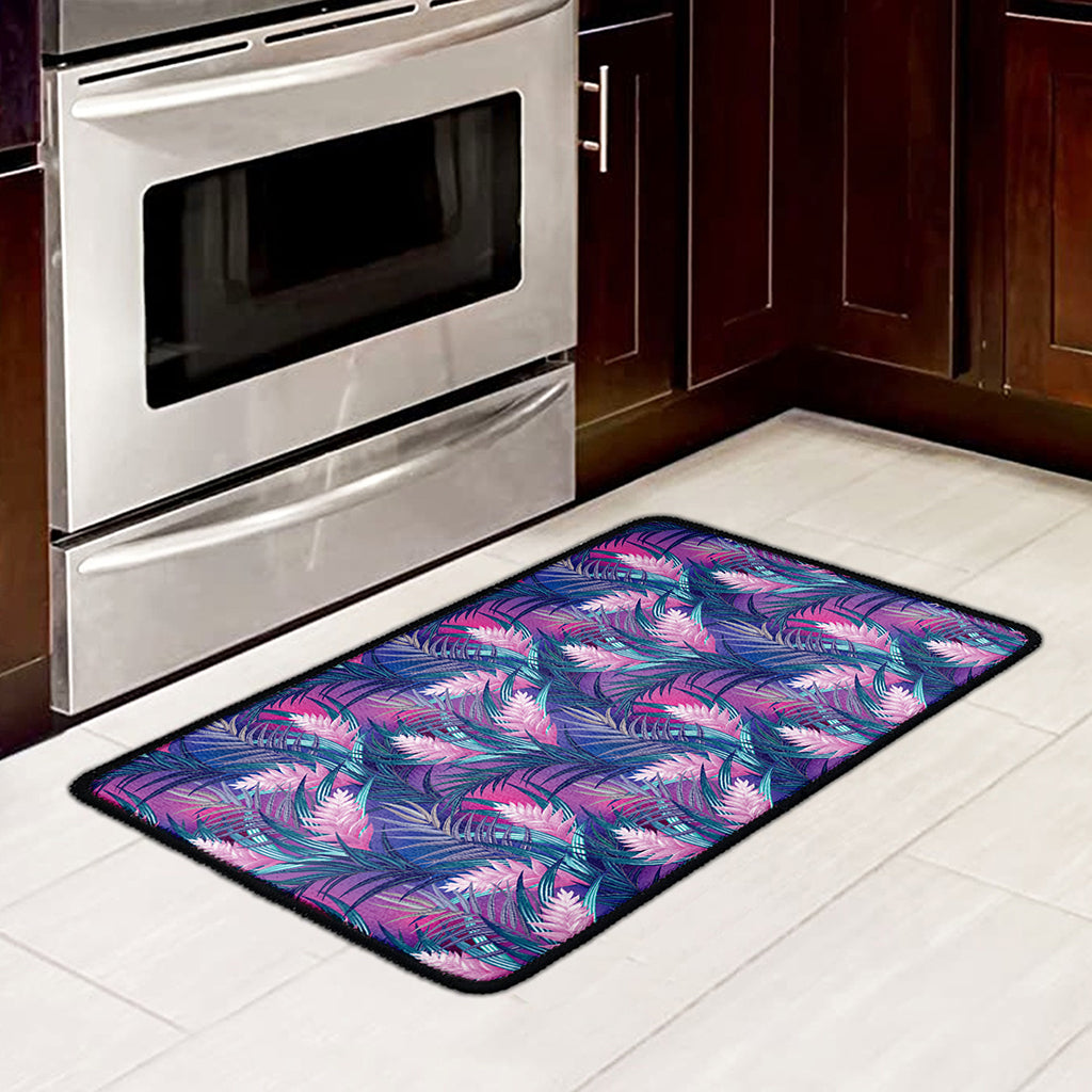 Teal And Pink Tropical Floral Print Kitchen Mat