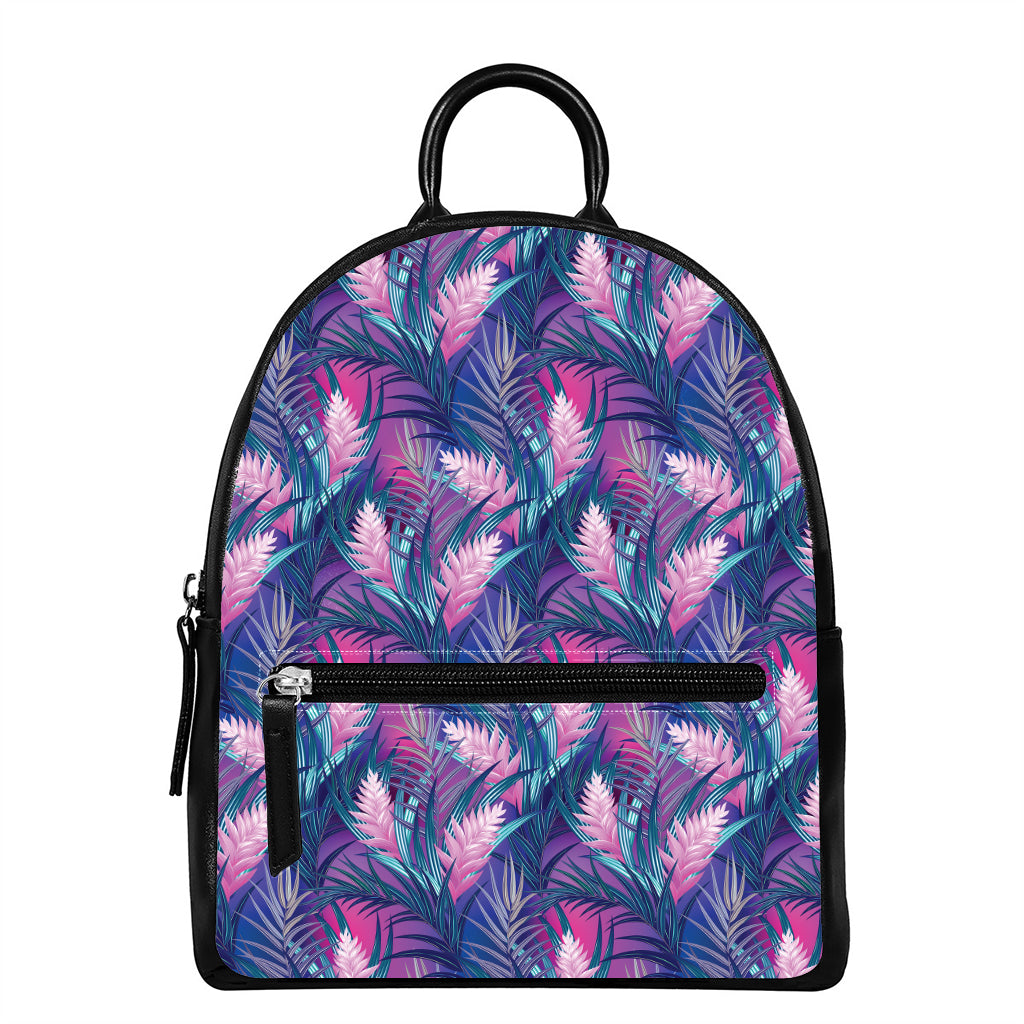Teal And Pink Tropical Floral Print Leather Backpack
